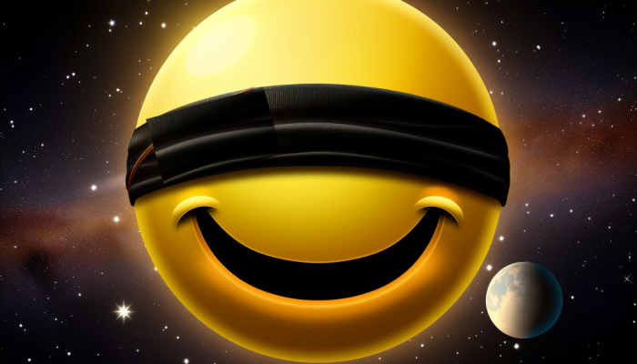 A Midjourney AI Smiley Face with a Blindfold On as a Planet